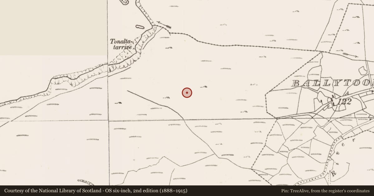 Ordnance Survey six-inch map, 2nd edition (1888–1915) covering the location of Field boundary, Lecarrow, County Mayo, with a pin at the register's coordinates