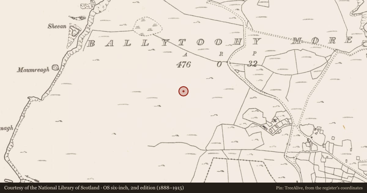 Ordnance Survey six-inch map, 2nd edition (1888–1915) covering the location of Mass-rock, Ballytoohy More, County Mayo, with a pin at the register's coordinates