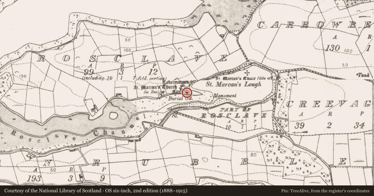 Ordnance Survey six-inch map, 2nd edition (1888–1915) covering the location of Children's burial ground, Rosclave, County Mayo, with a pin at the register's coordinates