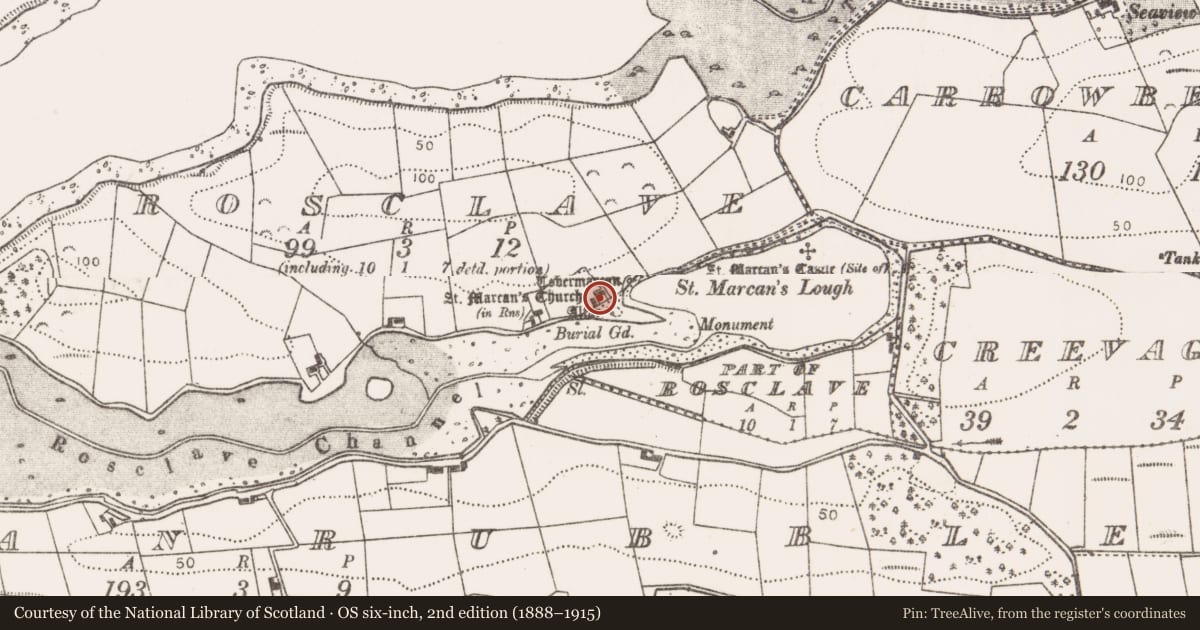 Ordnance Survey six-inch map, 2nd edition (1888–1915) covering the location of Church, Rosclave, County Mayo, with a pin at the register's coordinates