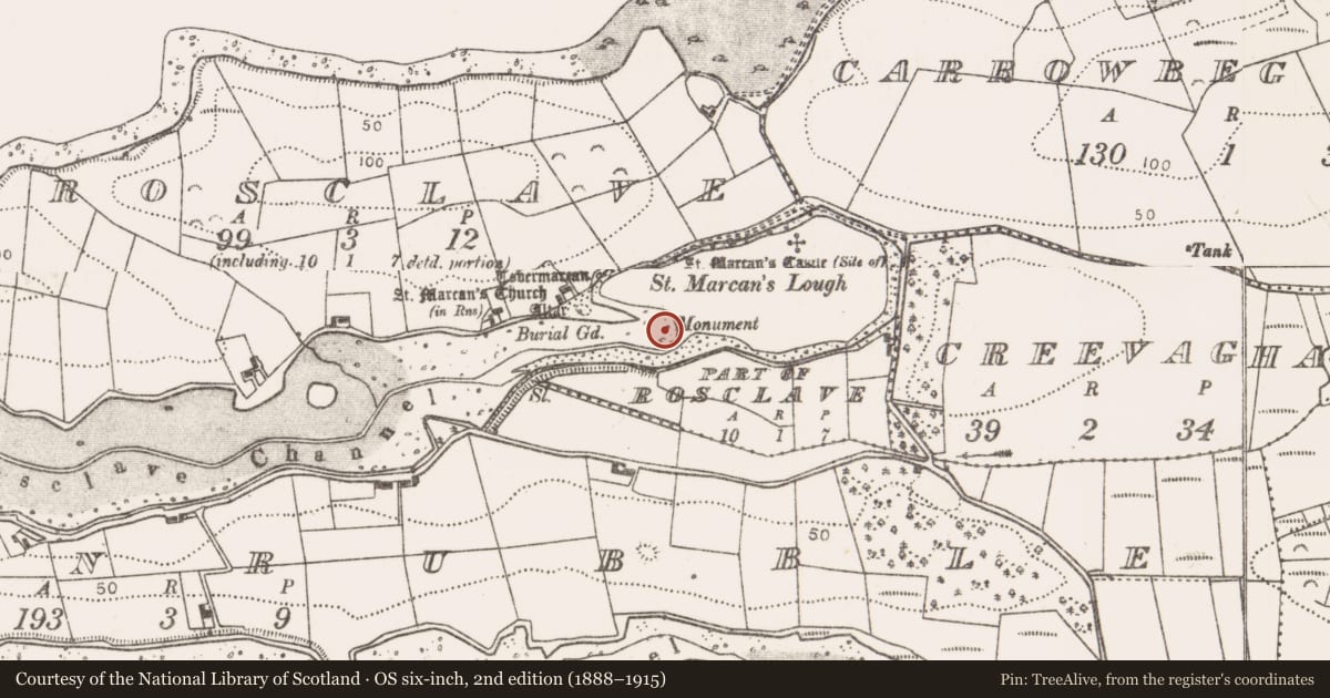 Ordnance Survey six-inch map, 2nd edition (1888–1915) covering the location of Penitential station, Rosclave, St. Marcan'S Lough, County Mayo, with a pin at the register's coordinates