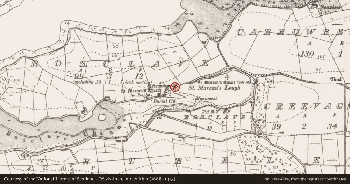 Ordnance Survey six-inch map, 2nd edition (1888–1915) covering the location of Ritual site - holy well, Rosclave, County Mayo, with a pin at the register's coordinates