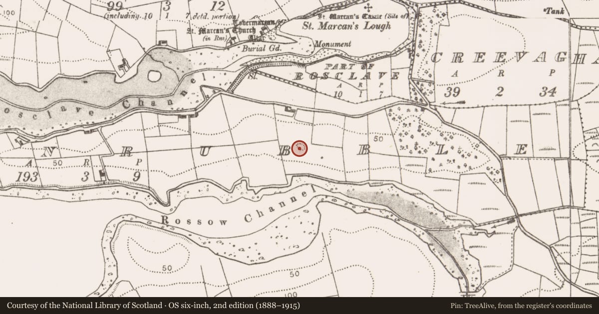 Ordnance Survey six-inch map, 2nd edition (1888–1915) covering the location of Enclosure, Rossanrubble, County Mayo, with a pin at the register's coordinates