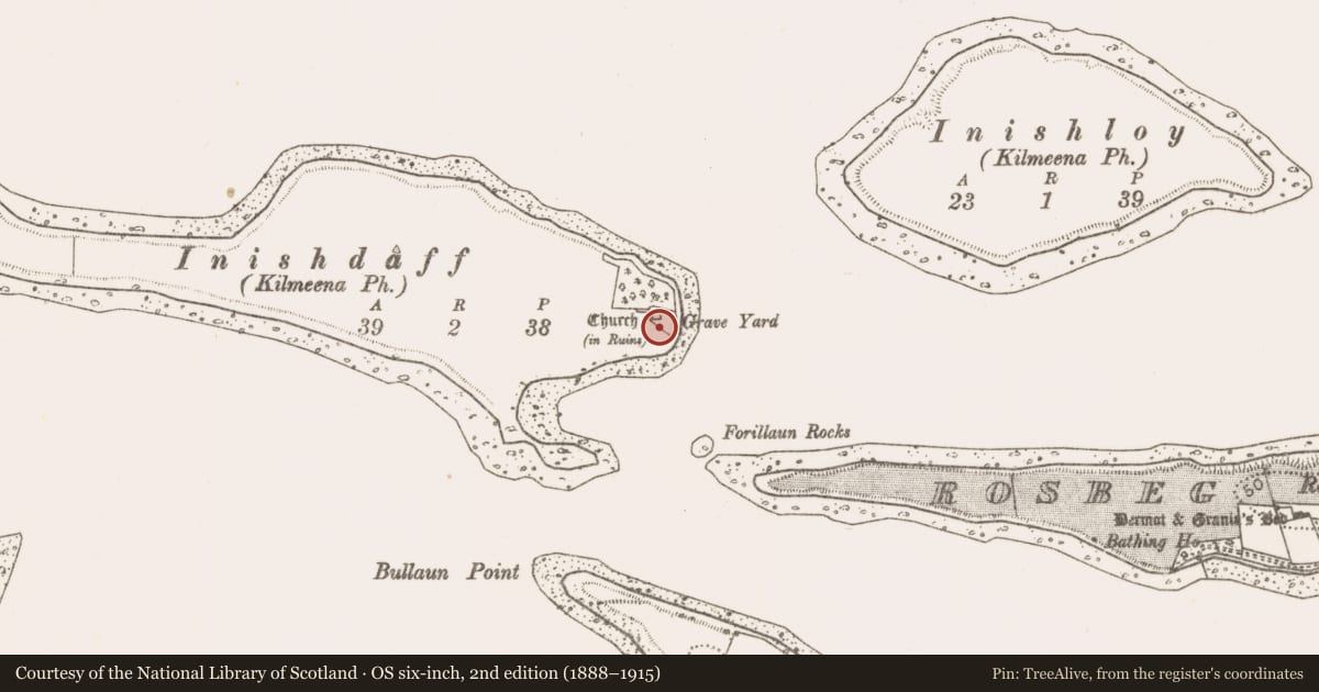Ordnance Survey six-inch map, 2nd edition (1888–1915) covering the location of Graveyard, Inishdaff Island, County Mayo, with a pin at the register's coordinates
