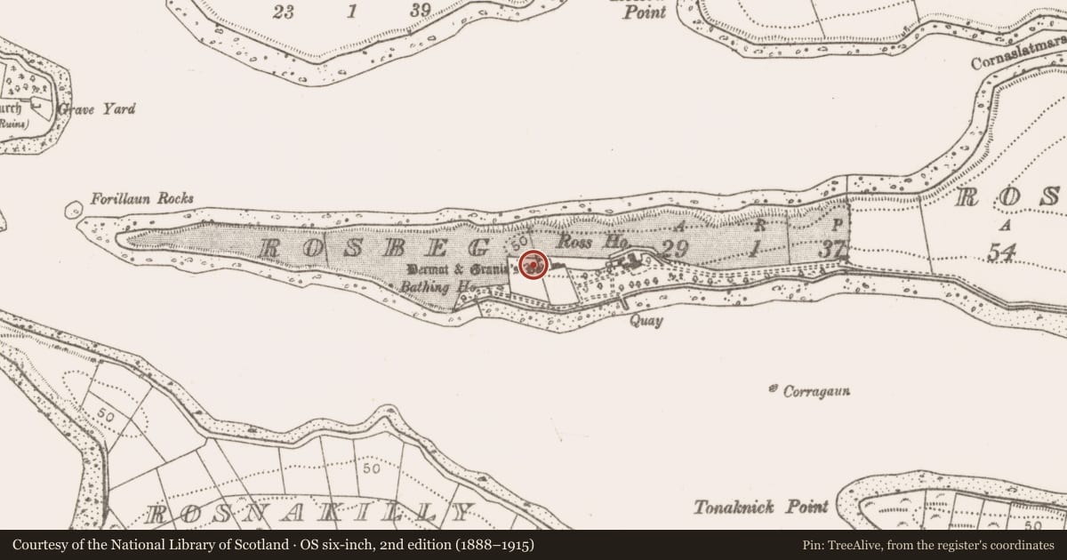 Ordnance Survey six-inch map, 2nd edition (1888–1915) covering the location of Megalithic tomb - court tomb, Rosbeg, County Mayo, with a pin at the register's coordinates
