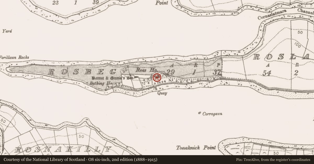 Ordnance Survey six-inch map, 2nd edition (1888–1915) covering the location of House - 16th/17th century, Rosbeg, County Mayo, with a pin at the register's coordinates