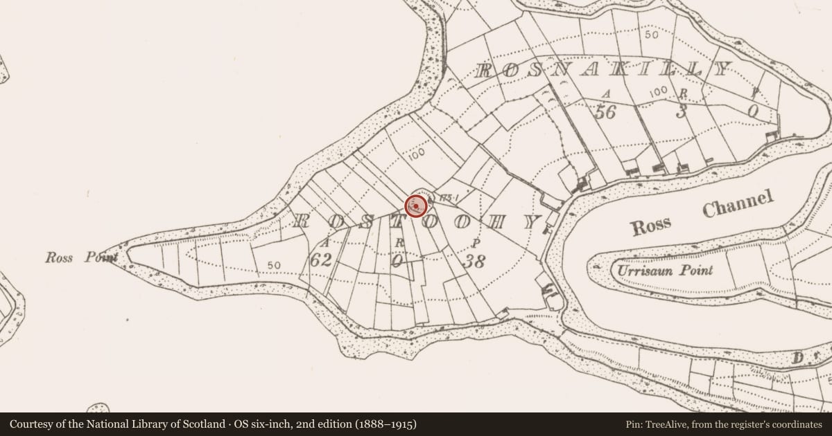 Ordnance Survey six-inch map, 2nd edition (1888–1915) covering the location of Souterrain, Rostoohy, County Mayo, with a pin at the register's coordinates
