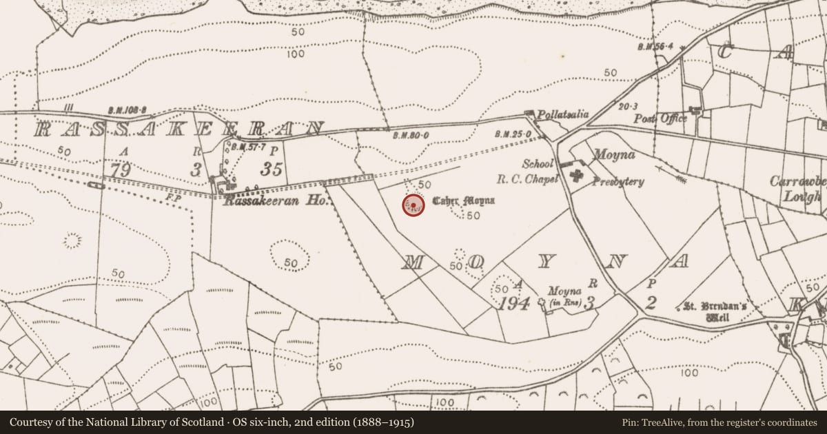 Ordnance Survey six-inch map, 2nd edition (1888–1915) covering the location of Ringfort - cashel, Moyna, County Mayo, with a pin at the register's coordinates