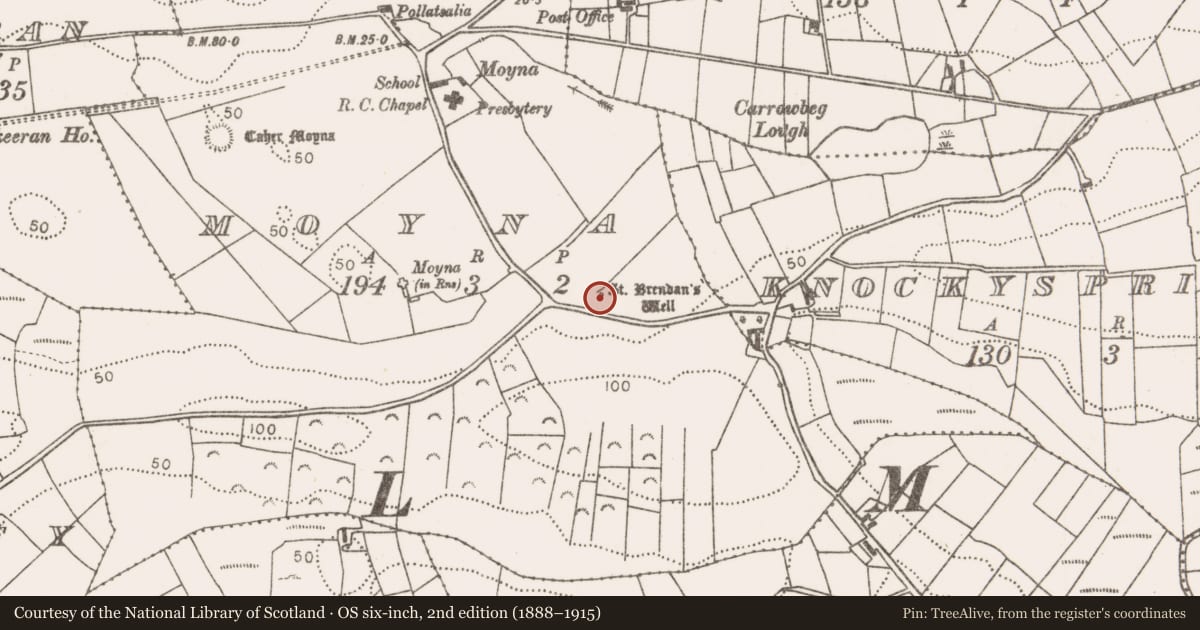 Ordnance Survey six-inch map, 2nd edition (1888–1915) covering the location of Ritual site - holy well, Moyna, County Mayo, with a pin at the register's coordinates
