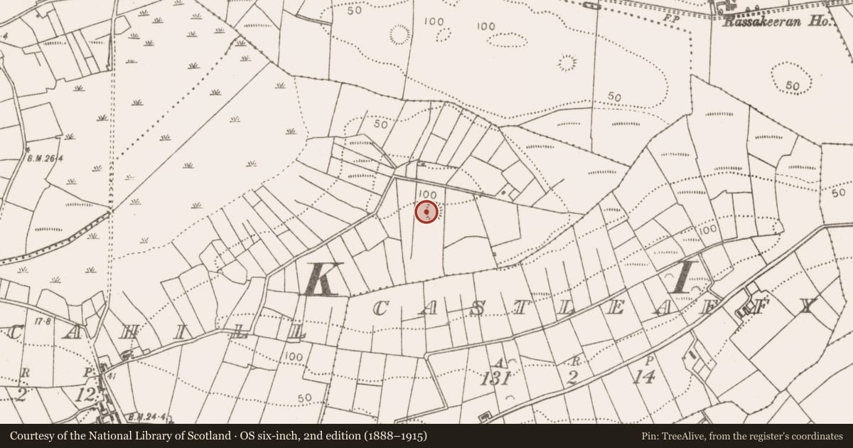 Ordnance Survey six-inch map, 2nd edition (1888–1915) covering the location of Ringfort - rath, Roscahill, County Mayo, with a pin at the register's coordinates