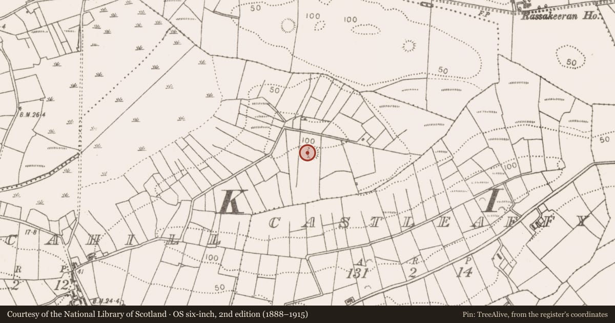 Ordnance Survey six-inch map, 2nd edition (1888–1915) covering the location of Souterrain, Roscahill, County Mayo, with a pin at the register's coordinates