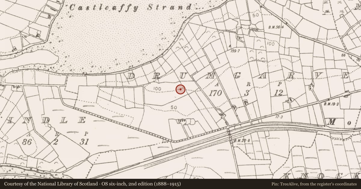 Ordnance Survey six-inch map, 2nd edition (1888–1915) covering the location of Enclosure, Drumgarve, County Mayo, with a pin at the register's coordinates