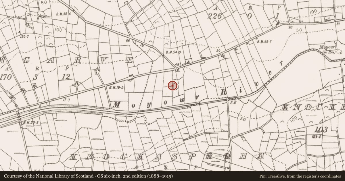 Ordnance Survey six-inch map, 2nd edition (1888–1915) covering the location of Enclosure, Moyour, County Mayo, with a pin at the register's coordinates