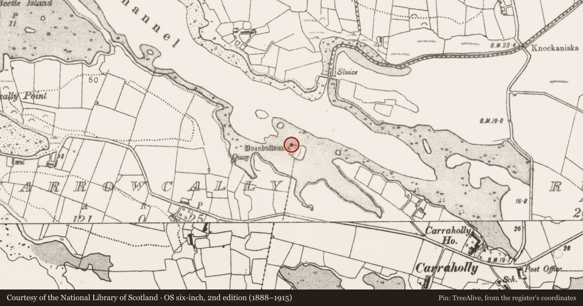 Ordnance Survey six-inch map, 2nd edition (1888–1915) covering the location of Enclosure, Moyour Channel, County Mayo, with a pin at the register's coordinates