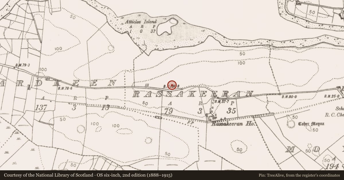 Ordnance Survey six-inch map, 2nd edition (1888–1915) covering the location of Enclosure, Rassakeeran, County Mayo, with a pin at the register's coordinates