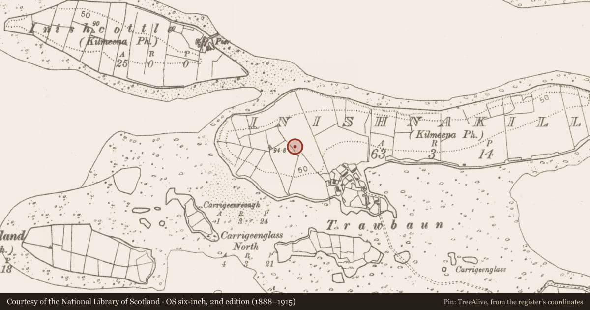 Ordnance Survey six-inch map, 2nd edition (1888–1915) covering the location of Earthwork, Inishnakillew, County Mayo, with a pin at the register's coordinates