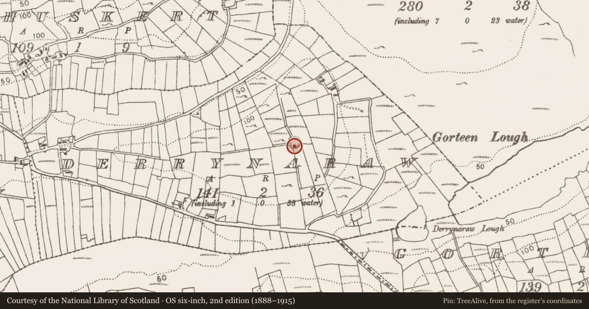 Ordnance Survey six-inch map, 2nd edition (1888–1915) covering the location of Barrow - ring-barrow, Derrynaraw, County Mayo, with a pin at the register's coordinates