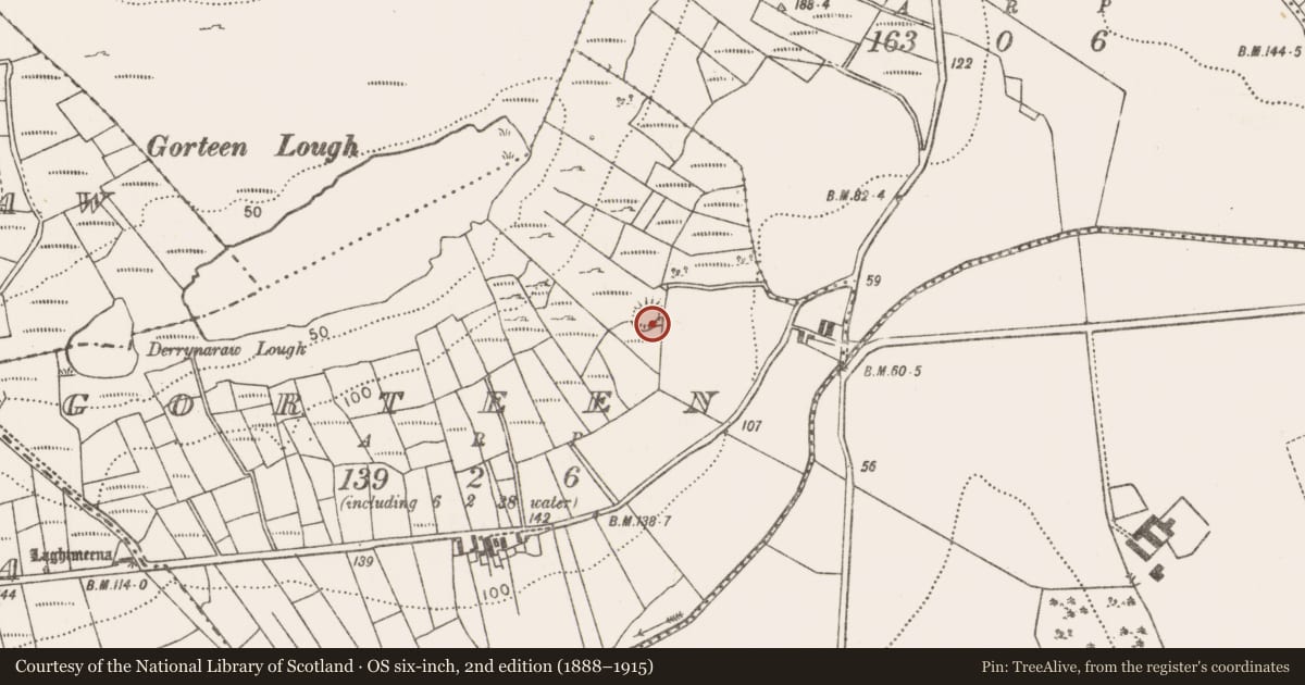 Ordnance Survey six-inch map, 2nd edition (1888–1915) covering the location of Ringfort - rath, Gorteen (Burrishoole By., Kilmaclasser Par.), County Mayo, with a pin at the register's coordinates