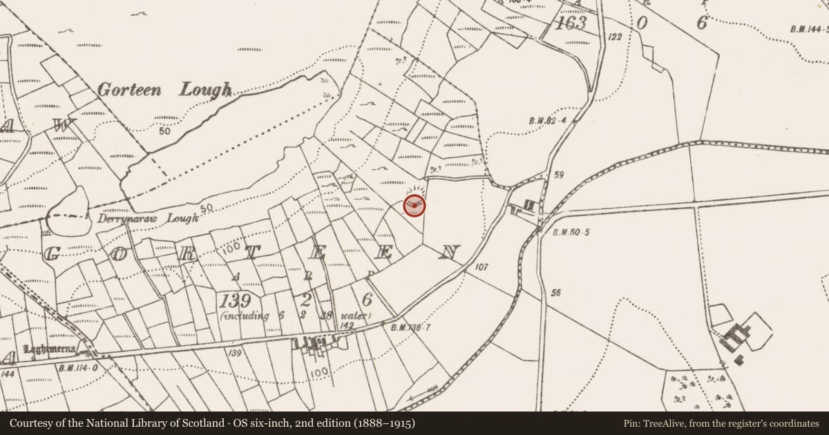 Ordnance Survey six-inch map, 2nd edition (1888–1915) covering the location of Souterrain, Gorteen (Burrishoole By., Kilmaclasser Par.), County Mayo, with a pin at the register's coordinates