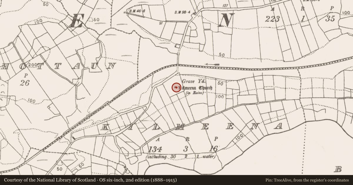 Ordnance Survey six-inch map, 2nd edition (1888–1915) covering the location of Church, Kilmeena, County Mayo, with a pin at the register's coordinates