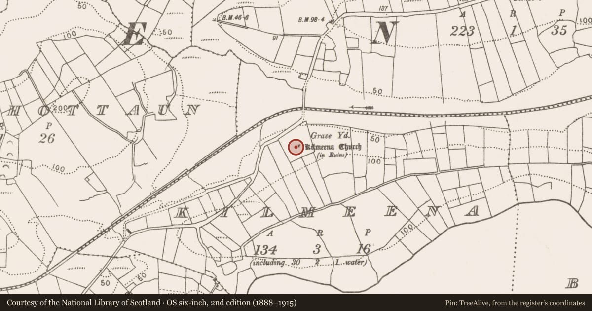 Ordnance Survey six-inch map, 2nd edition (1888–1915) covering the location of Graveyard, Kilmeena, County Mayo, with a pin at the register's coordinates
