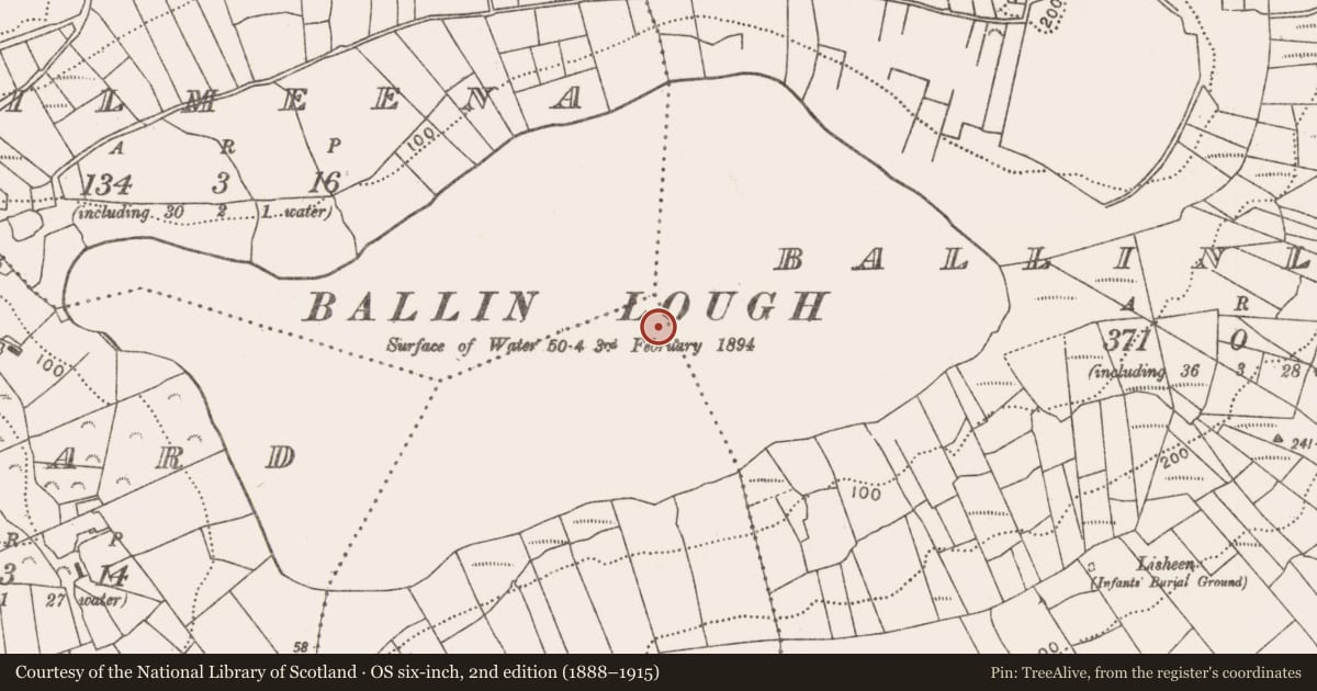 Ordnance Survey six-inch map, 2nd edition (1888–1915) covering the location of Crannog, Bocullin, County Mayo, with a pin at the register's coordinates
