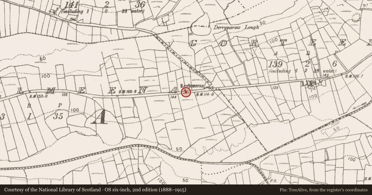 Ordnance Survey six-inch map, 2nd edition (1888–1915) covering the location of Bullaun stone, Roekilmeena, County Mayo, with a pin at the register's coordinates