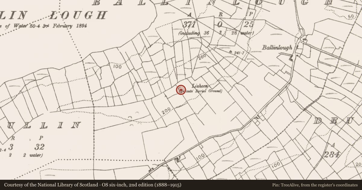 Ordnance Survey six-inch map, 2nd edition (1888–1915) covering the location of Children's burial ground, Ballinlough, County Mayo, with a pin at the register's coordinates