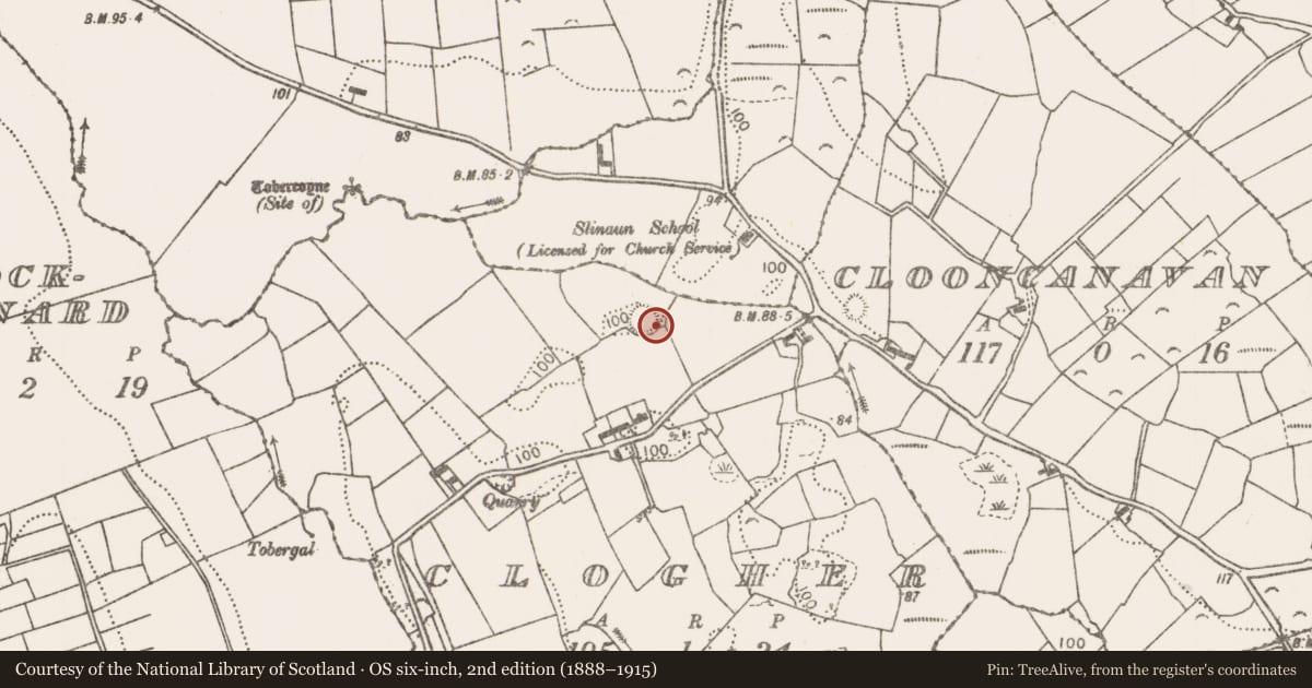 Ordnance Survey six-inch map, 2nd edition (1888–1915) covering the location of Ringfort - rath, Clogher, County Mayo, with a pin at the register's coordinates