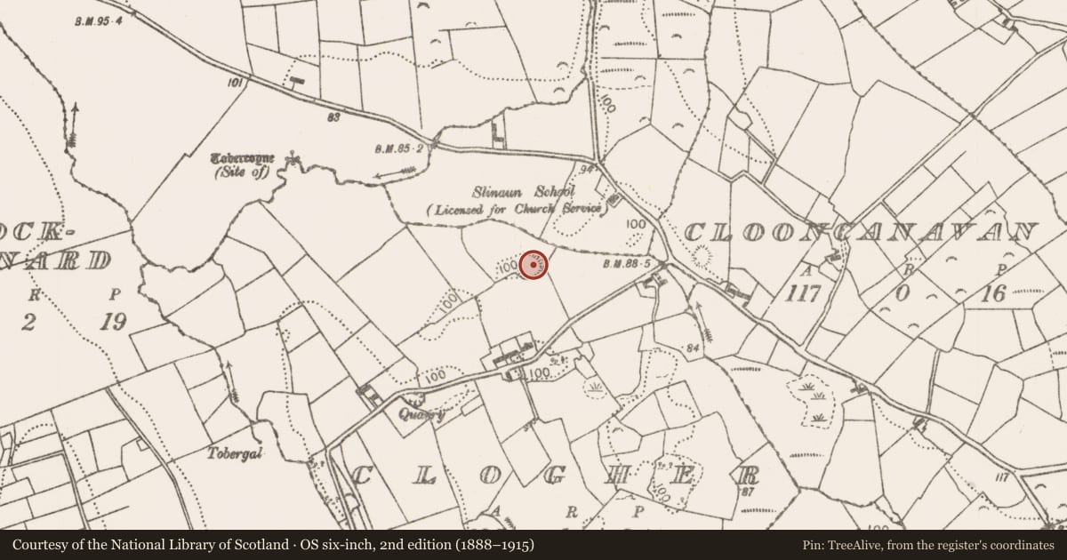 Ordnance Survey six-inch map, 2nd edition (1888–1915) covering the location of Souterrain, Clogher, County Mayo, with a pin at the register's coordinates