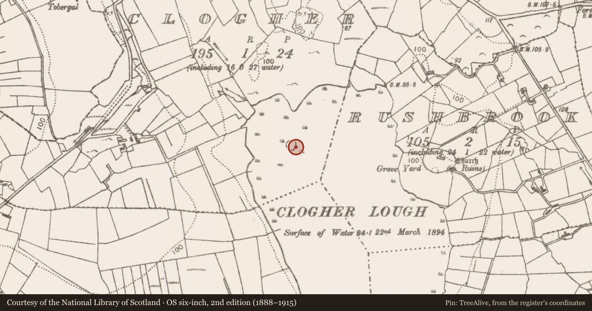 Ordnance Survey six-inch map, 2nd edition (1888–1915) covering the location of Crannog, Clogher, County Mayo, with a pin at the register's coordinates