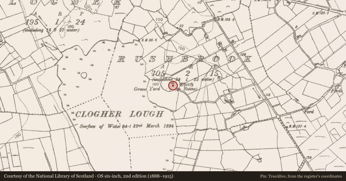 Ordnance Survey six-inch map, 2nd edition (1888–1915) covering the location of Graveyard, Rushbrook, County Mayo, with a pin at the register's coordinates