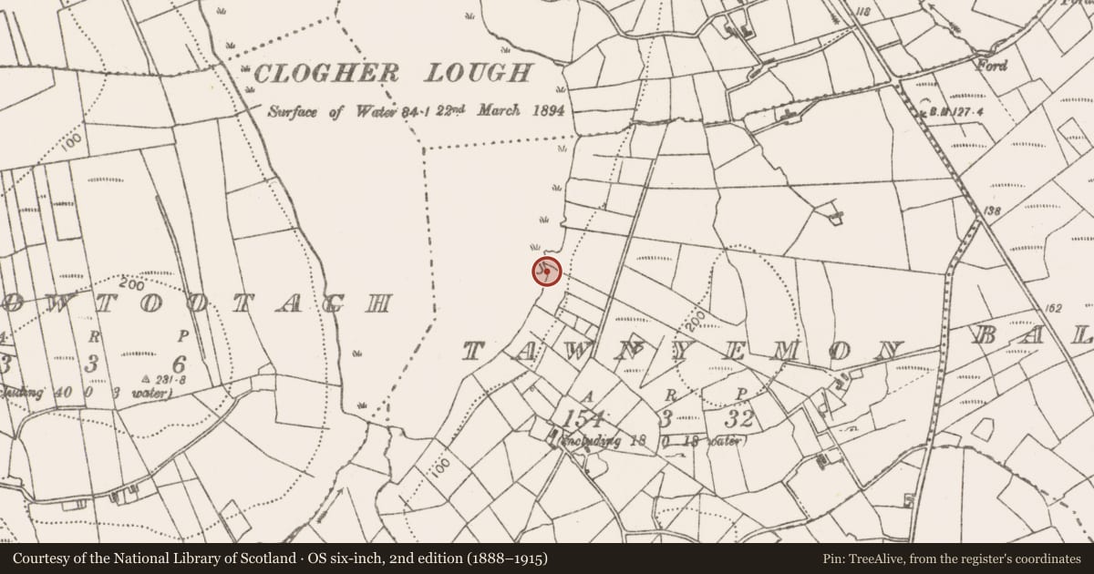 Ordnance Survey six-inch map, 2nd edition (1888–1915) covering the location of Crannog, Tawnyemon, County Mayo, with a pin at the register's coordinates