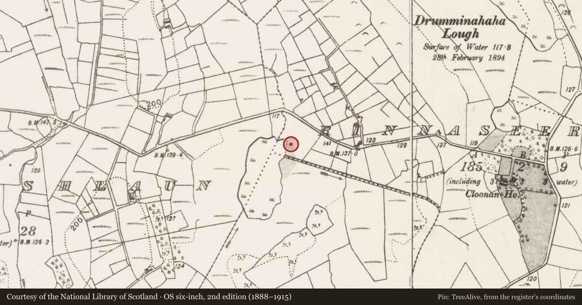 Ordnance Survey six-inch map, 2nd edition (1888–1915) covering the location of Crannog, Rinnaseer, County Mayo, with a pin at the register's coordinates