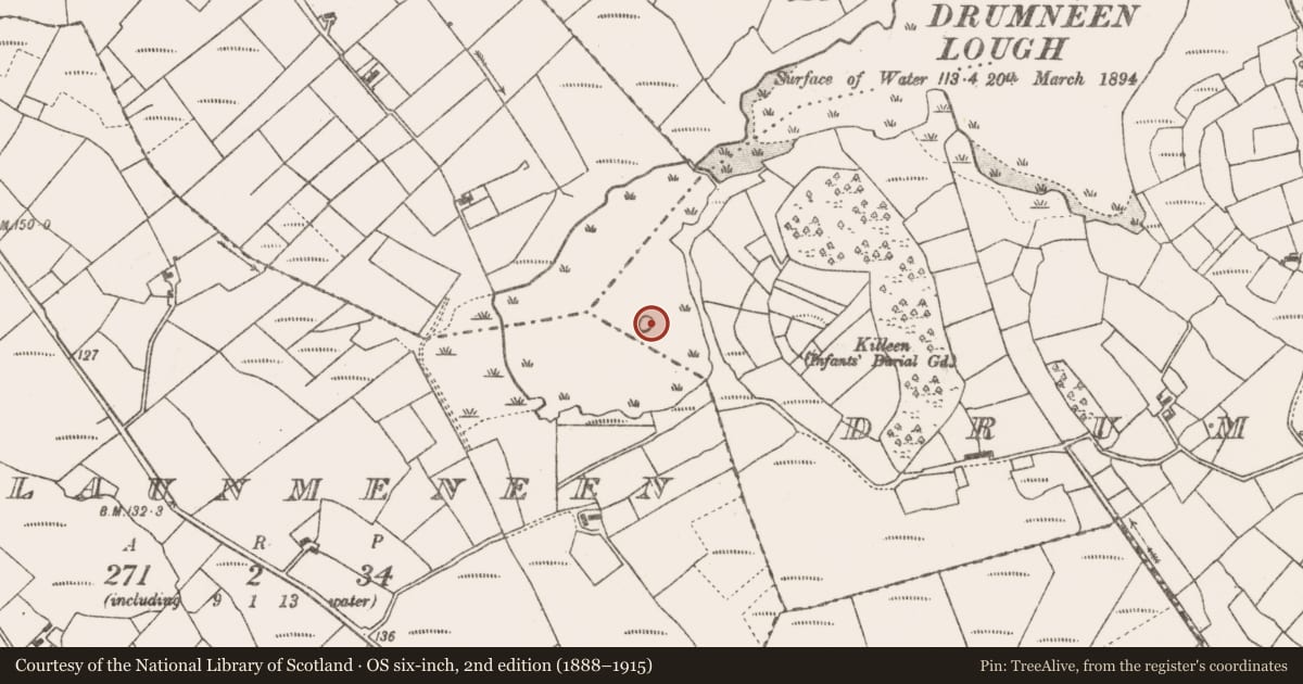 Ordnance Survey six-inch map, 2nd edition (1888–1915) covering the location of Crannog, Drumneen, County Mayo, with a pin at the register's coordinates