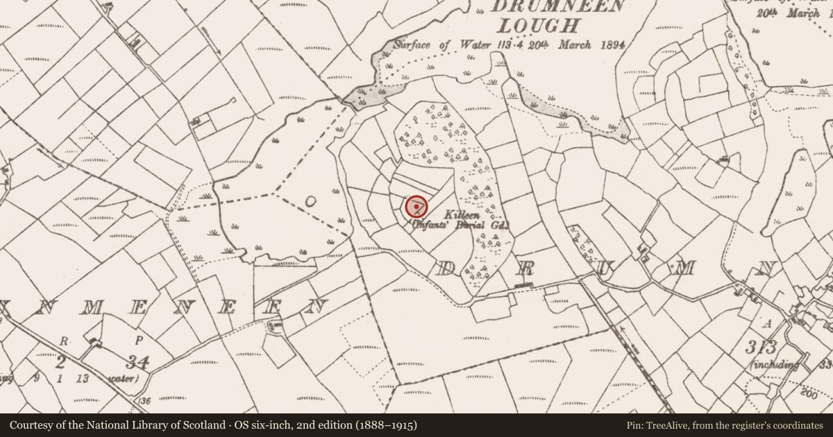 Ordnance Survey six-inch map, 2nd edition (1888–1915) covering the location of Enclosure, Drumneen, County Mayo, with a pin at the register's coordinates