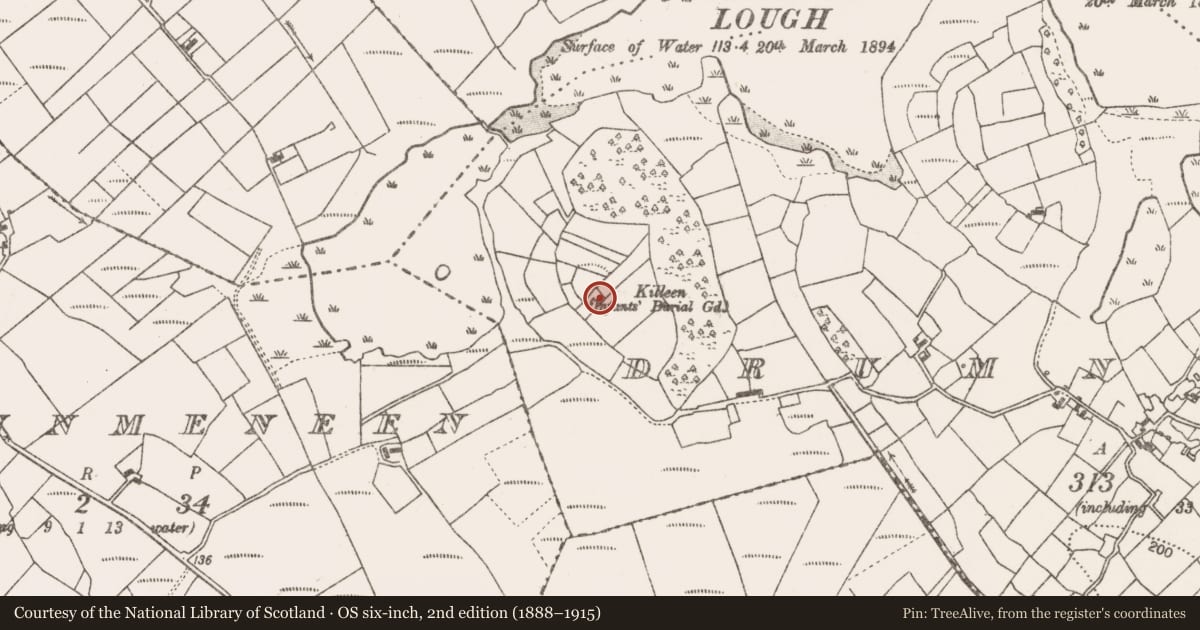 Ordnance Survey six-inch map, 2nd edition (1888–1915) covering the location of Children's burial ground, Drumneen, County Mayo, with a pin at the register's coordinates