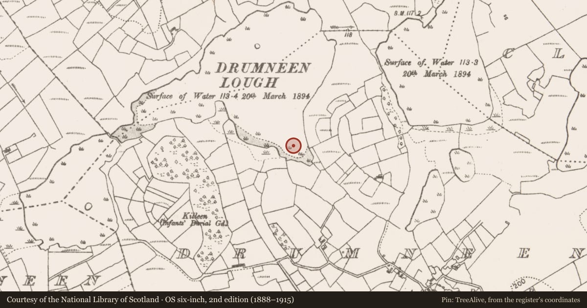 Ordnance Survey six-inch map, 2nd edition (1888–1915) covering the location of Crannog, Drumneen, County Mayo, with a pin at the register's coordinates