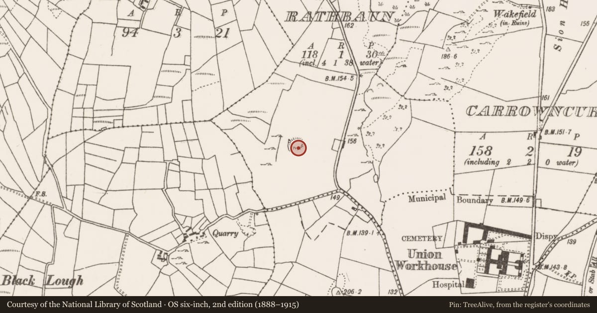 Ordnance Survey six-inch map, 2nd edition (1888–1915) covering the location of Ringfort - rath, Rathbaun, County Mayo, with a pin at the register's coordinates