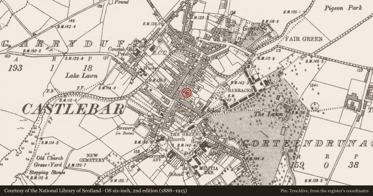 Ordnance Survey six-inch map, 2nd edition (1888–1915) covering the location of Historic town, County Mayo, with a pin at the register's coordinates