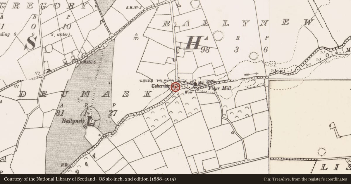 Ordnance Survey six-inch map, 2nd edition (1888–1915) covering the location of Ritual site - holy well, Ballynew, County Mayo, with a pin at the register's coordinates