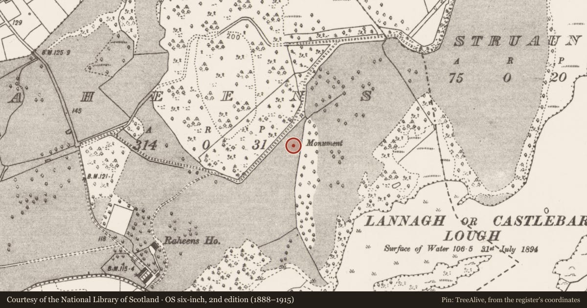 Ordnance Survey six-inch map, 2nd edition (1888–1915) covering the location of Monumental structure, Raheens, County Mayo, with a pin at the register's coordinates