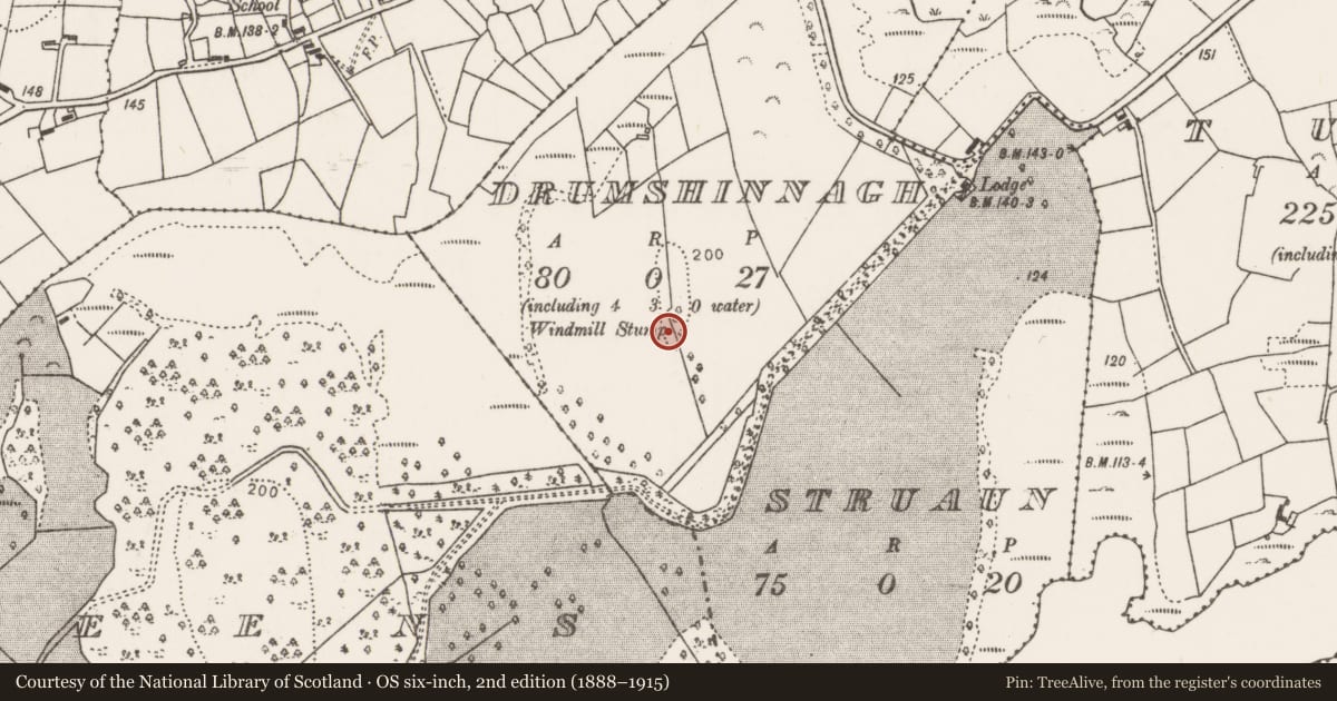 Ordnance Survey six-inch map, 2nd edition (1888–1915) covering the location of Windmill, Drumshinnagh, County Mayo, with a pin at the register's coordinates