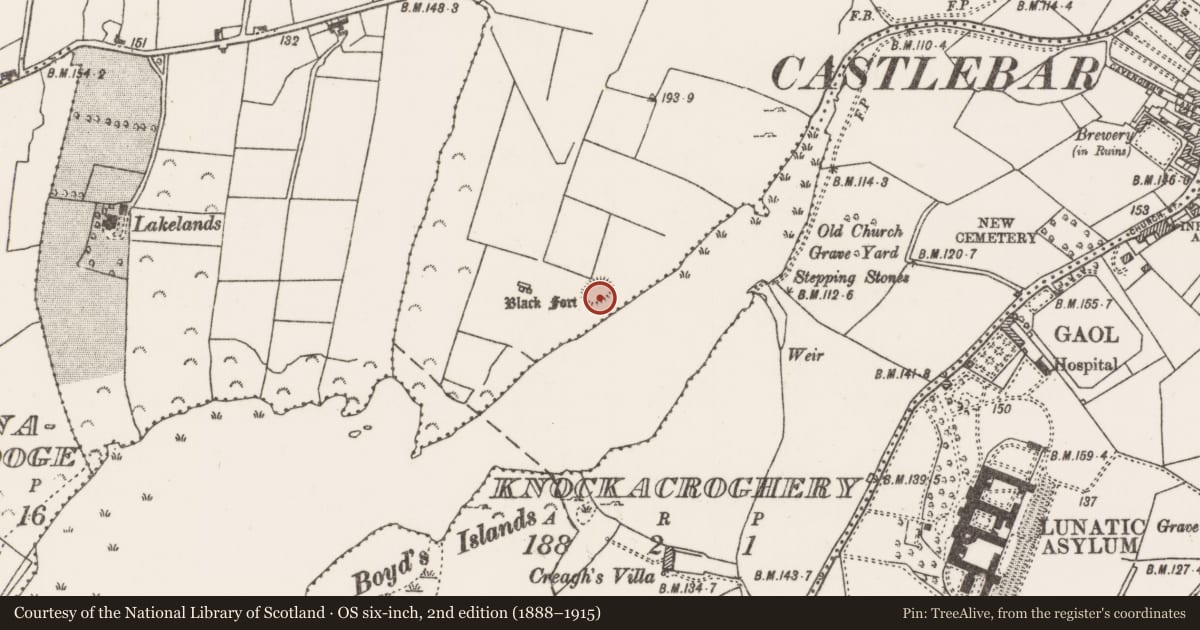 Ordnance Survey six-inch map, 2nd edition (1888–1915) covering the location of Ringfort - rath, Garryduff, County Mayo, with a pin at the register's coordinates