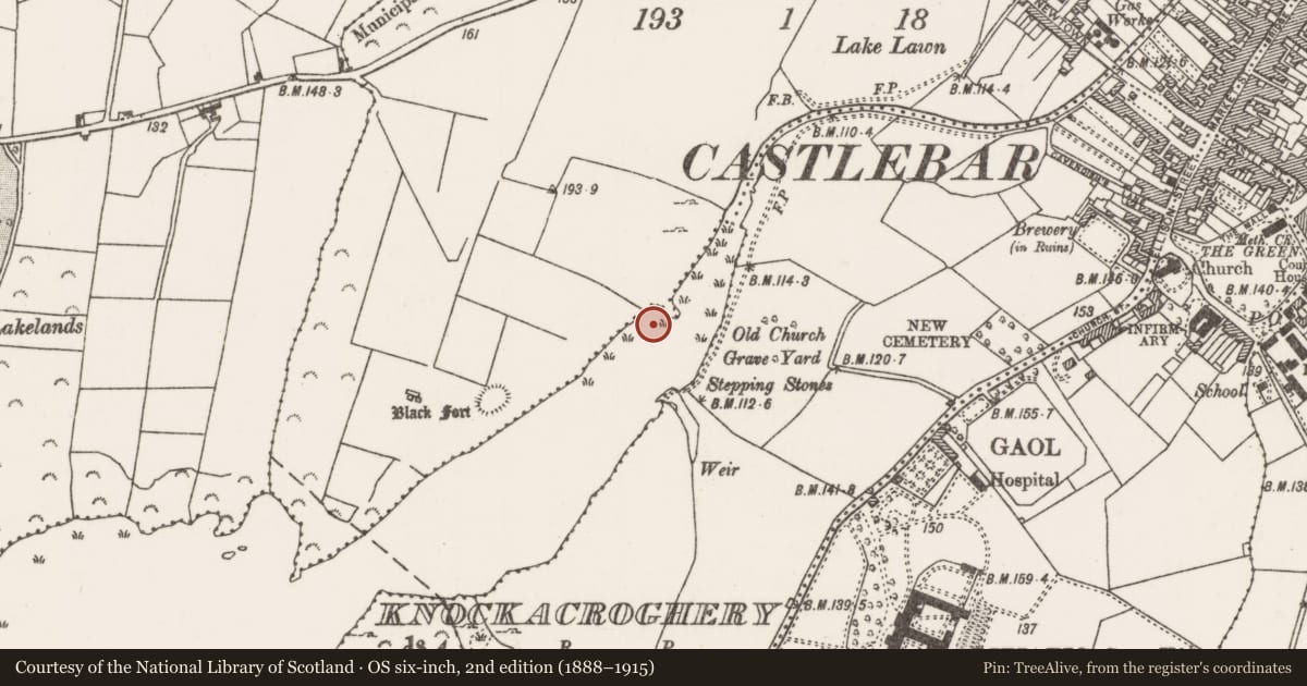 Ordnance Survey six-inch map, 2nd edition (1888–1915) covering the location of Crannog, Lannagh Or Castlebar Lough, County Mayo, with a pin at the register's coordinates