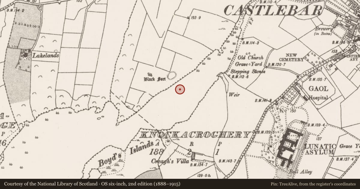 Ordnance Survey six-inch map, 2nd edition (1888–1915) covering the location of Causeway, Lannagh Or Castlebar Lough, County Mayo, with a pin at the register's coordinates