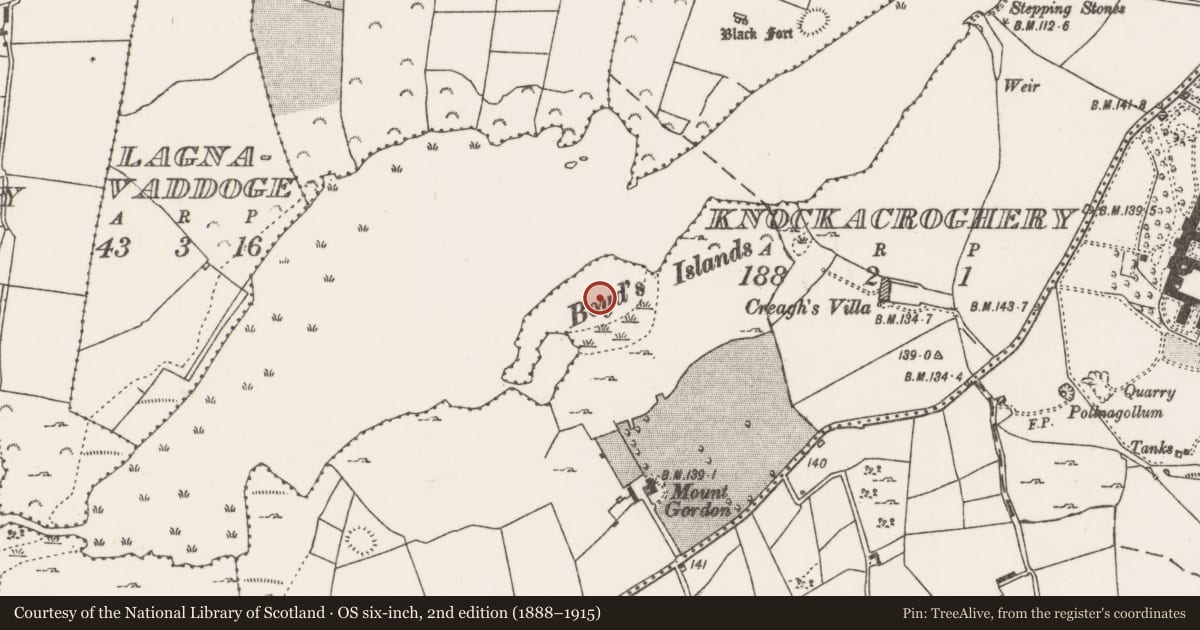 Ordnance Survey six-inch map, 2nd edition (1888–1915) covering the location of Crannog, Knockacroghery, County Mayo, with a pin at the register's coordinates