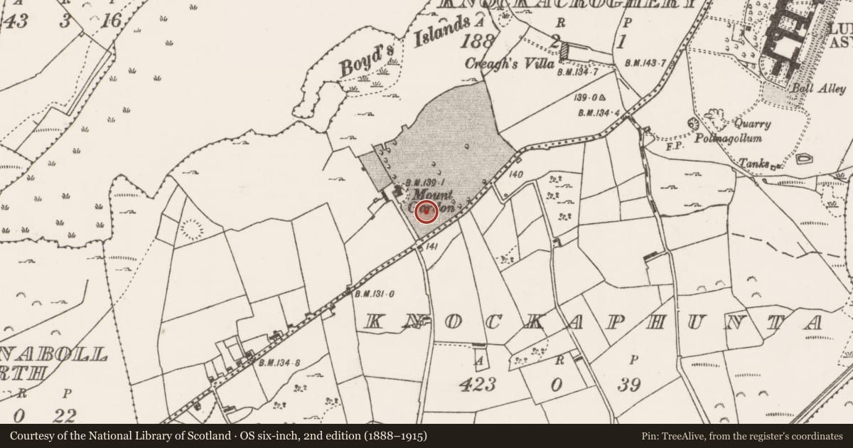 Ordnance Survey six-inch map, 2nd edition (1888–1915) covering the location of Earthwork, Knockacroghery, County Mayo, with a pin at the register's coordinates