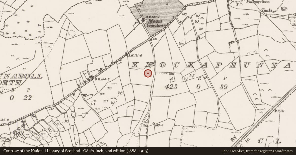 Ordnance Survey six-inch map, 2nd edition (1888–1915) covering the location of Enclosure, Knockaphunta, County Mayo, with a pin at the register's coordinates