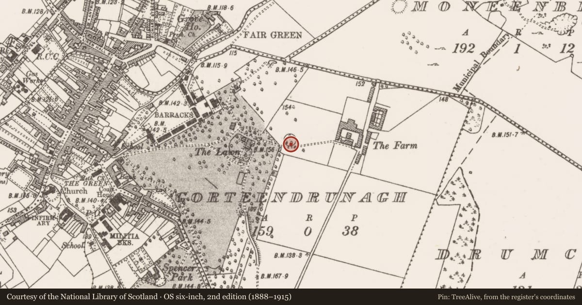 Ordnance Survey six-inch map, 2nd edition (1888–1915) covering the location of Ringfort - rath, Gorteendrunagh, County Mayo, with a pin at the register's coordinates